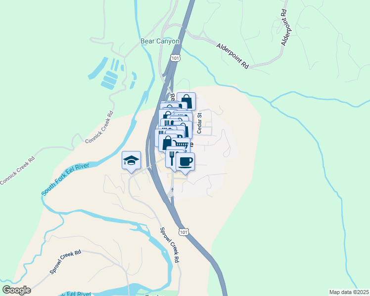 map of restaurants, bars, coffee shops, grocery stores, and more near 829 Locust Street in Garberville