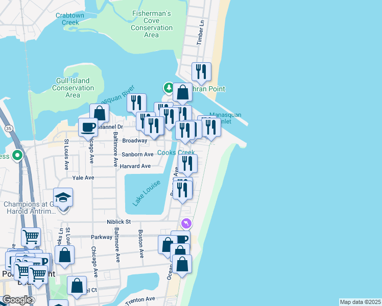 map of restaurants, bars, coffee shops, grocery stores, and more near 5 Bowling Green in Point Pleasant Beach