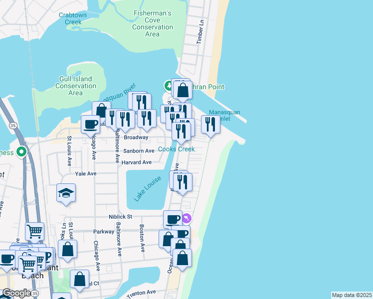 map of restaurants, bars, coffee shops, grocery stores, and more near 112 Randall Avenue in Point Pleasant Beach