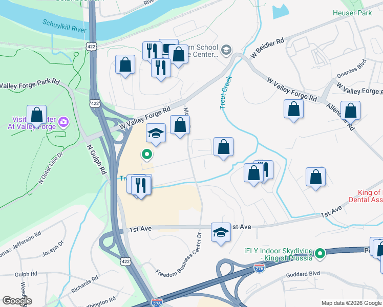 map of restaurants, bars, coffee shops, grocery stores, and more near 901 E 8th Ave in King of Prussia