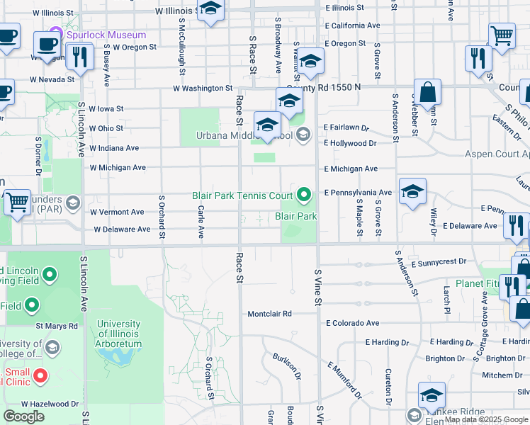 map of restaurants, bars, coffee shops, grocery stores, and more near 1505 South Broadway Avenue in Urbana