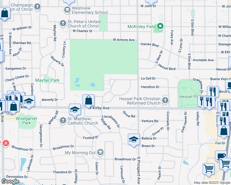 map of restaurants, bars, coffee shops, grocery stores, and more near 51 Greencroft Drive in Champaign