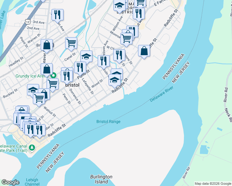 map of restaurants, bars, coffee shops, grocery stores, and more near 1032 Radcliffe Street in Bristol