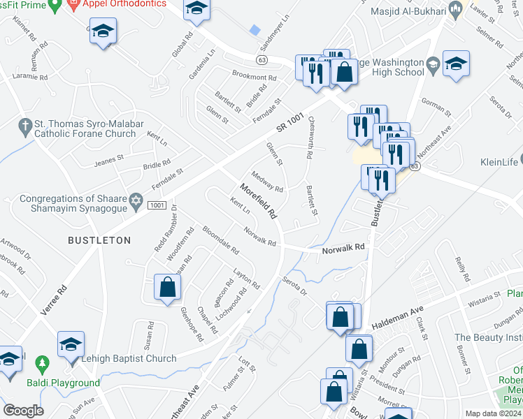 map of restaurants, bars, coffee shops, grocery stores, and more near 1135 Kent Lane in Philadelphia