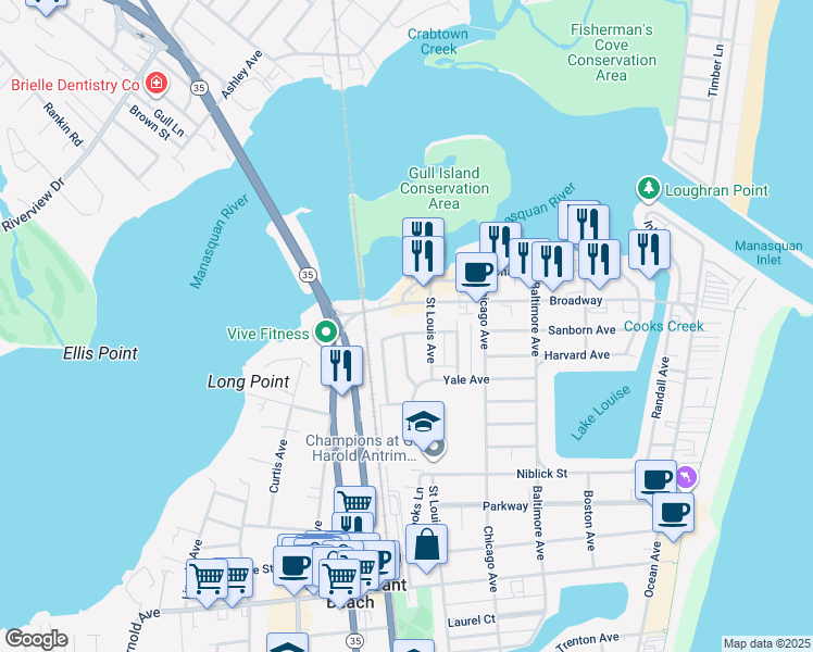 map of restaurants, bars, coffee shops, grocery stores, and more near 409 Richard Avenue in Point Pleasant Beach