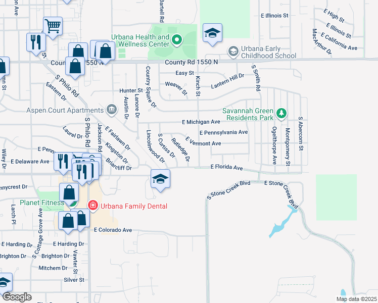 map of restaurants, bars, coffee shops, grocery stores, and more near 1516 Rutledge Drive in Urbana