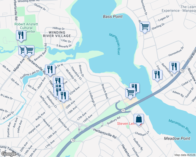 map of restaurants, bars, coffee shops, grocery stores, and more near 177 Riviera Drive in Brick Township