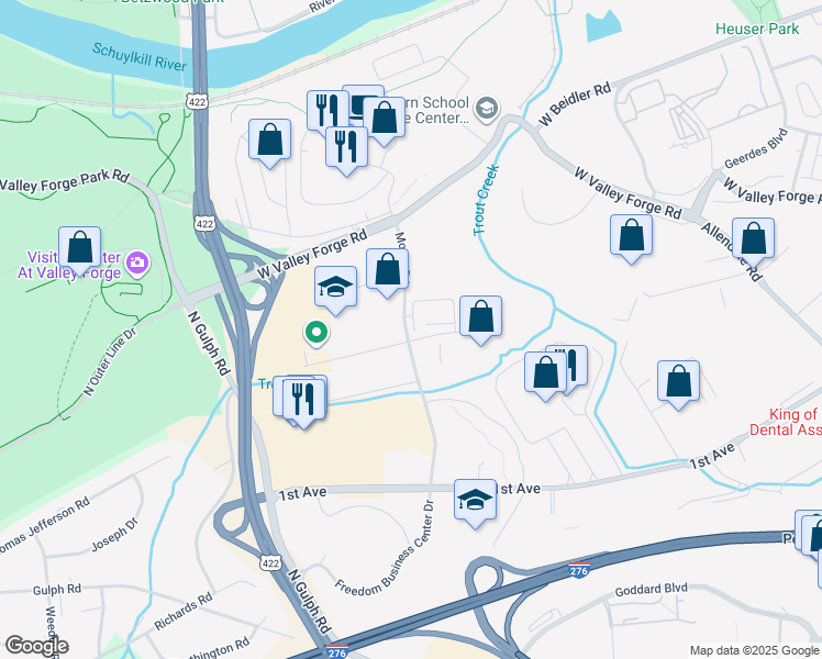 map of restaurants, bars, coffee shops, grocery stores, and more near 750 Moore Road in King of Prussia