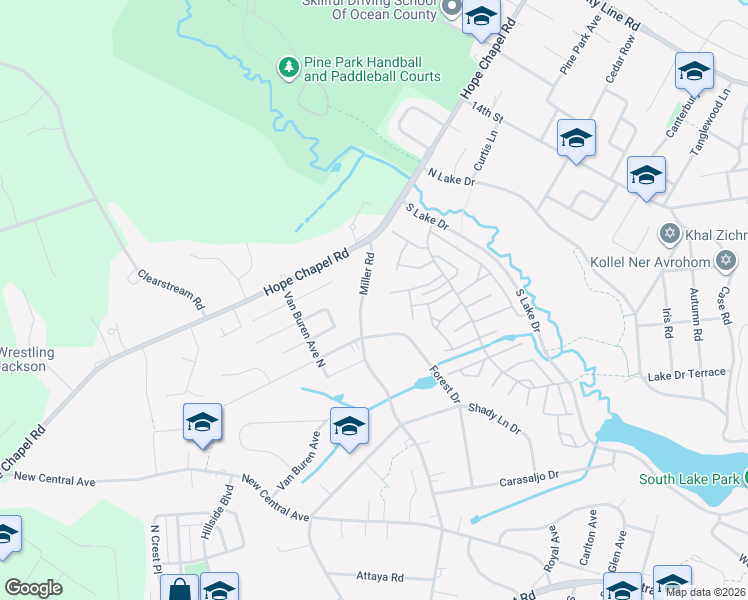 map of restaurants, bars, coffee shops, grocery stores, and more near 300 Miller Road in Lakewood