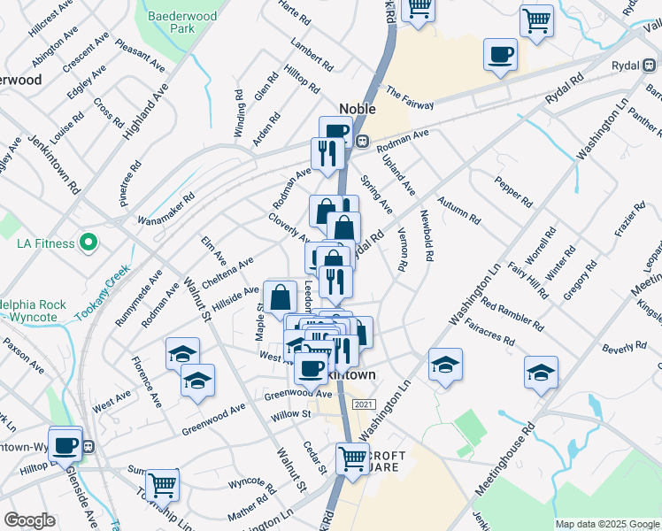 map of restaurants, bars, coffee shops, grocery stores, and more near in Jenkintown