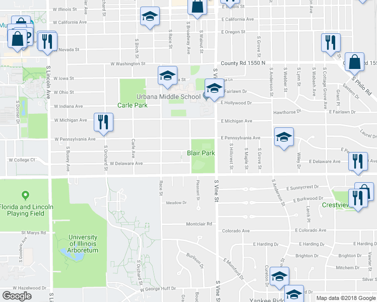 map of restaurants, bars, coffee shops, grocery stores, and more near 1505 South Broadway Avenue in Urbana