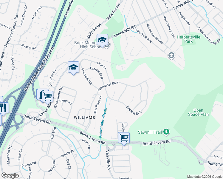 map of restaurants, bars, coffee shops, grocery stores, and more near 7 Vernon Court in Brick Township