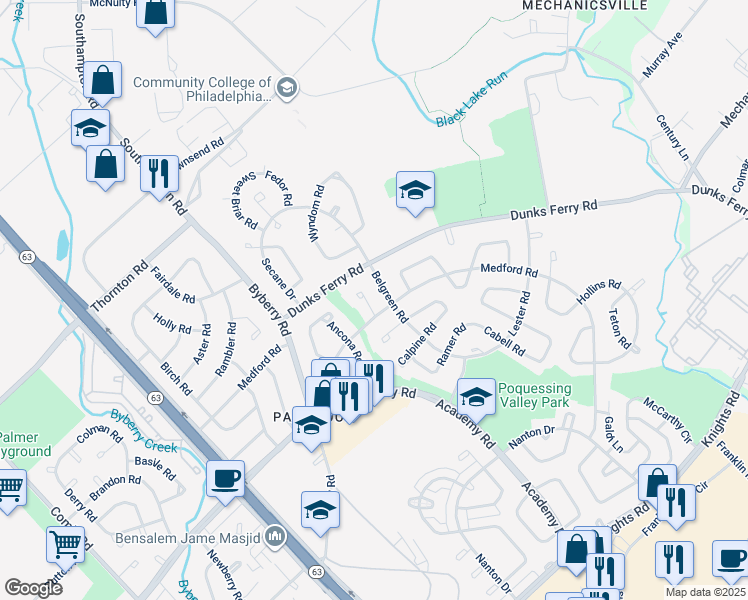 map of restaurants, bars, coffee shops, grocery stores, and more near 12558 Medford Place in Philadelphia