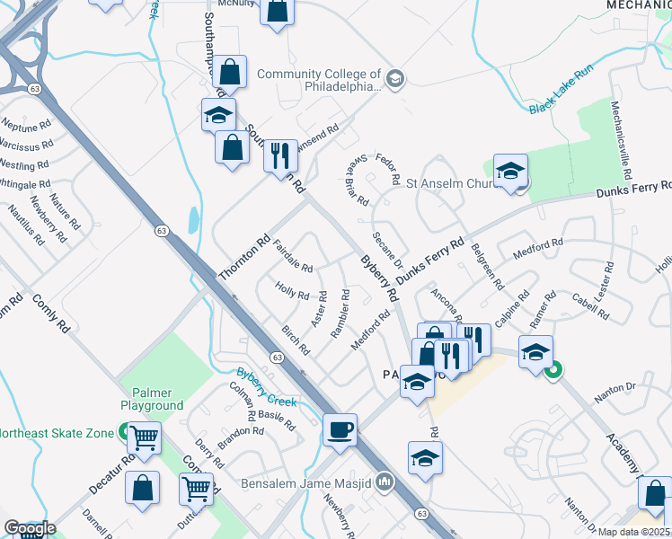 map of restaurants, bars, coffee shops, grocery stores, and more near 12246 Rambler Road in Philadelphia