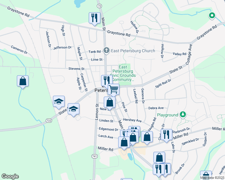 map of restaurants, bars, coffee shops, grocery stores, and more near 2050 State Street in East Petersburg