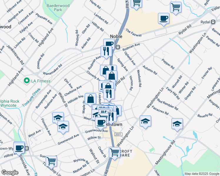 map of restaurants, bars, coffee shops, grocery stores, and more near 2 Rydal Road in Jenkintown