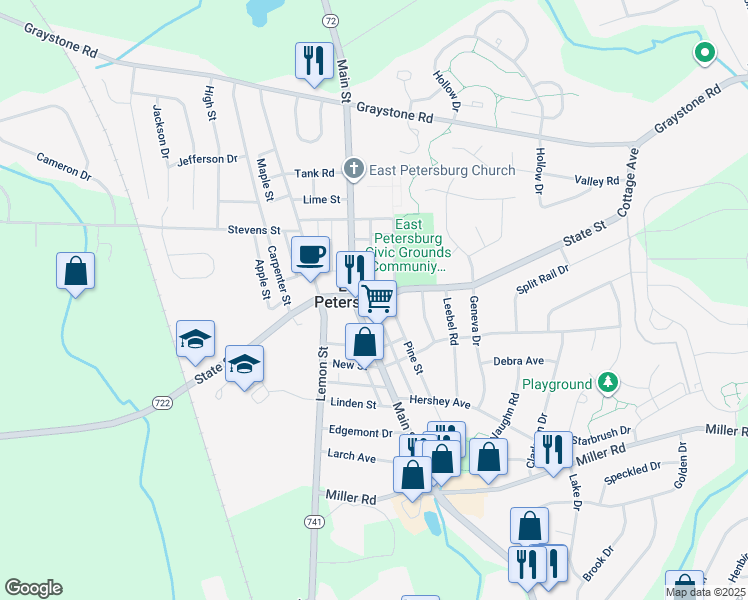 map of restaurants, bars, coffee shops, grocery stores, and more near 2050 State Street in East Petersburg