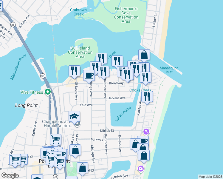 map of restaurants, bars, coffee shops, grocery stores, and more near 110 Sanborn Avenue in Point Pleasant Beach