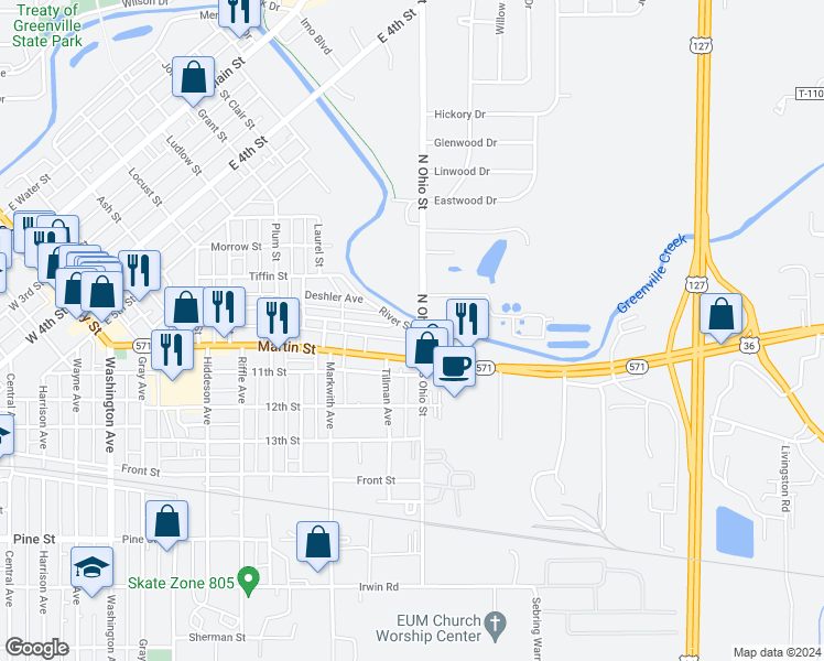 map of restaurants, bars, coffee shops, grocery stores, and more near 114 North Ohio Street in Greenville