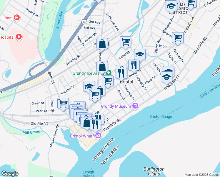 map of restaurants, bars, coffee shops, grocery stores, and more near 493 Pond St in Bristol