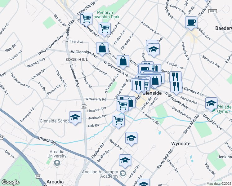 map of restaurants, bars, coffee shops, grocery stores, and more near 160 Lismore Avenue in Glenside