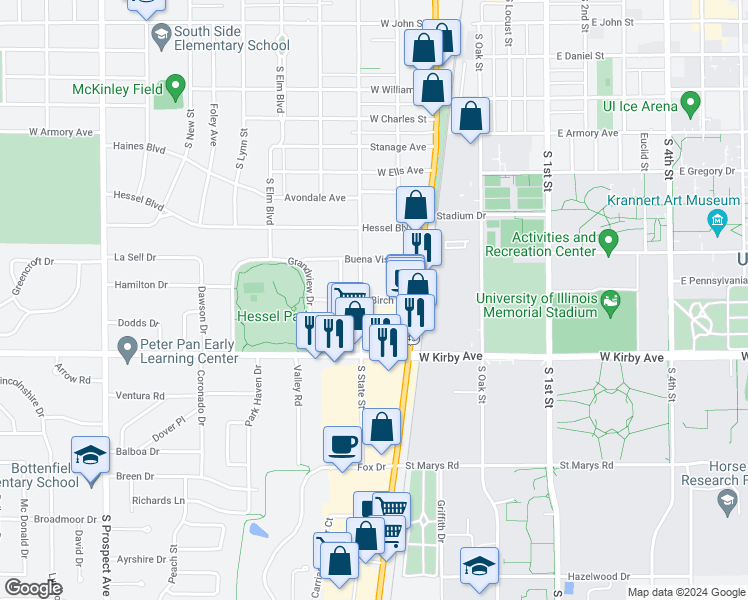 map of restaurants, bars, coffee shops, grocery stores, and more near 1501 South Neil Street in Champaign