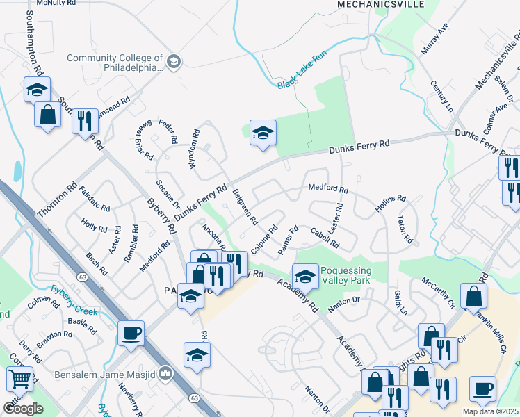 map of restaurants, bars, coffee shops, grocery stores, and more near 12615 Medford Road in Philadelphia