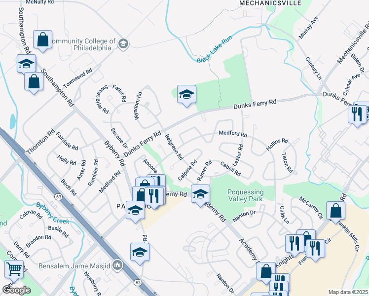 map of restaurants, bars, coffee shops, grocery stores, and more near 12615 Medford Road in Philadelphia