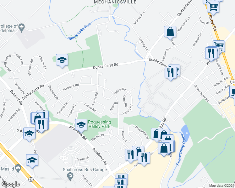 map of restaurants, bars, coffee shops, grocery stores, and more near 12721 Hollins Road in Philadelphia