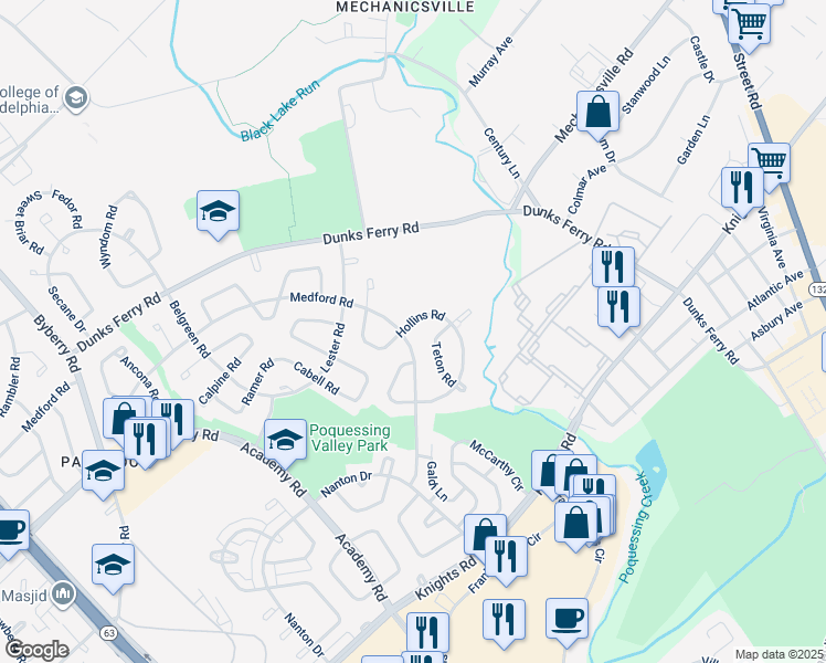 map of restaurants, bars, coffee shops, grocery stores, and more near 12721 Hollins Road in Philadelphia