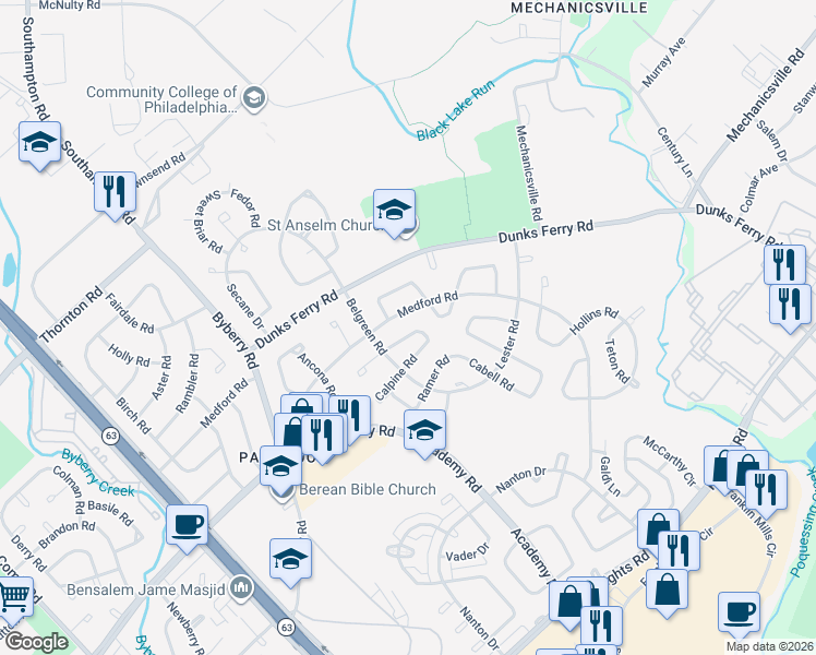 map of restaurants, bars, coffee shops, grocery stores, and more near 12618 Calpine Road in Philadelphia