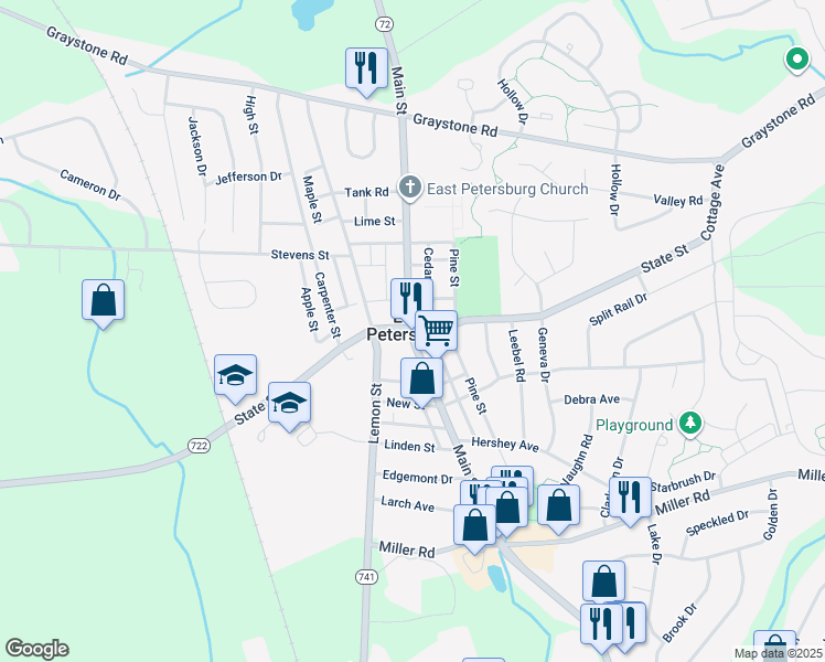 map of restaurants, bars, coffee shops, grocery stores, and more near in East Petersburg