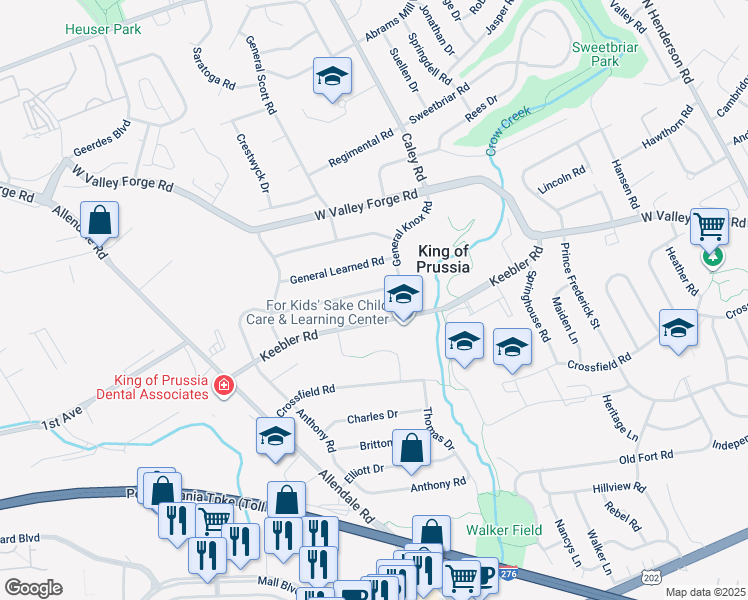 map of restaurants, bars, coffee shops, grocery stores, and more near 531 Keebler Road in King of Prussia