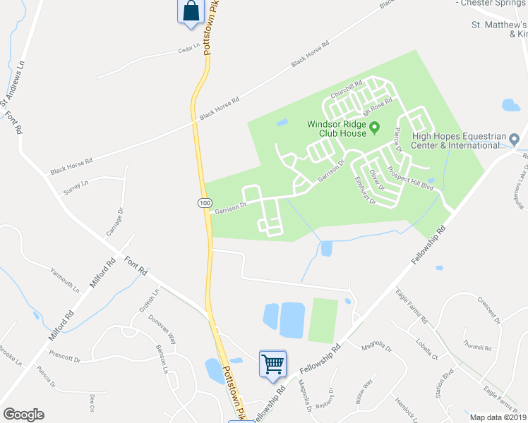 map of restaurants, bars, coffee shops, grocery stores, and more near Cavalier Lane in Chester Springs
