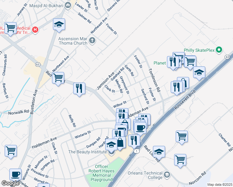 map of restaurants, bars, coffee shops, grocery stores, and more near 10127 Clark Place in Philadelphia