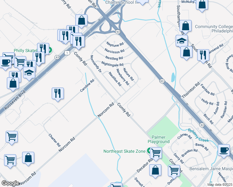 map of restaurants, bars, coffee shops, grocery stores, and more near 2874 Normandy Drive in Philadelphia