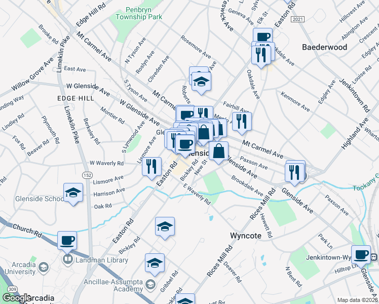 map of restaurants, bars, coffee shops, grocery stores, and more near in Glenside