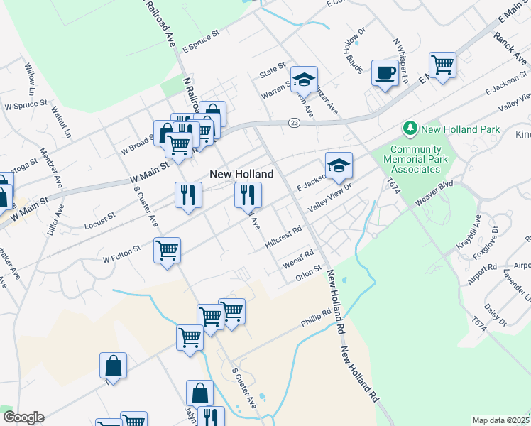 map of restaurants, bars, coffee shops, grocery stores, and more near 220 East Jackson Street in New Holland