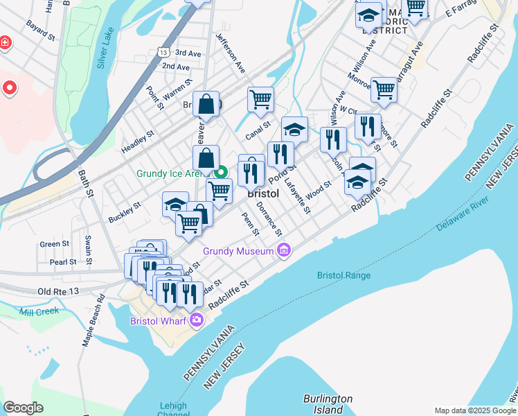 map of restaurants, bars, coffee shops, grocery stores, and more near 340 Dorrance Street in Bristol