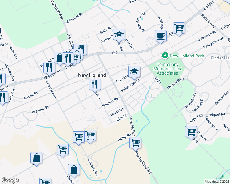 map of restaurants, bars, coffee shops, grocery stores, and more near 322 Brimmer Avenue in New Holland