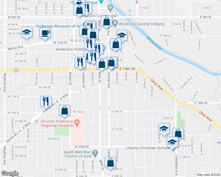 map of restaurants, bars, coffee shops, grocery stores, and more near 1618 Central Avenue in Anderson