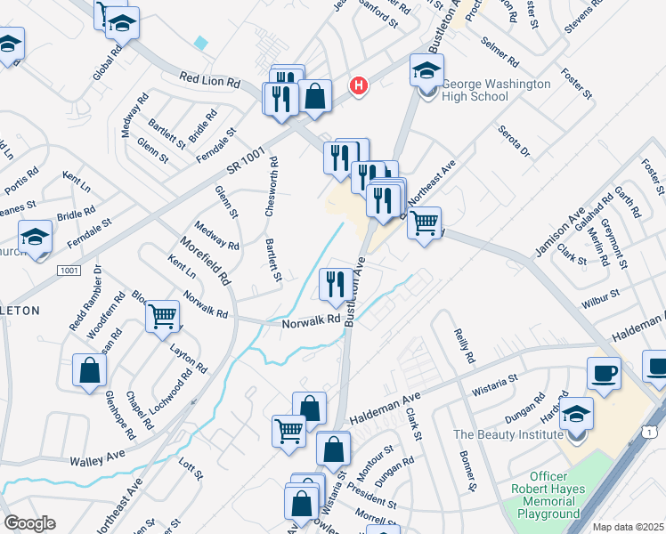 map of restaurants, bars, coffee shops, grocery stores, and more near 9908 Bustleton Avenue in Philadelphia