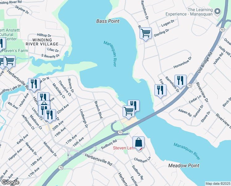 map of restaurants, bars, coffee shops, grocery stores, and more near 129 Riverside Drive North in Brick Township