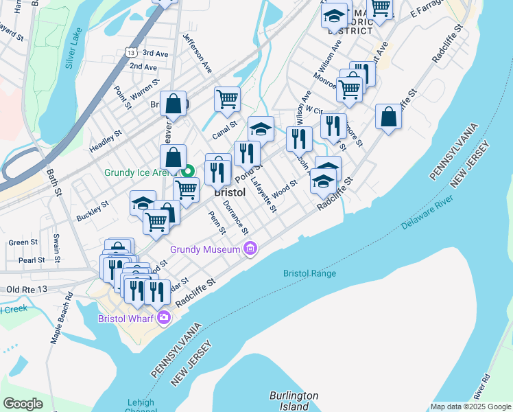 map of restaurants, bars, coffee shops, grocery stores, and more near 301 Washington Street in Bristol