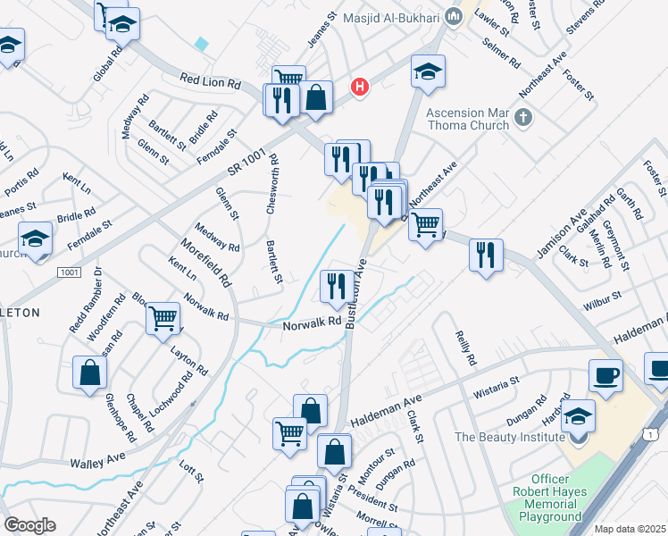map of restaurants, bars, coffee shops, grocery stores, and more near 9908 Bustleton Avenue in Philadelphia