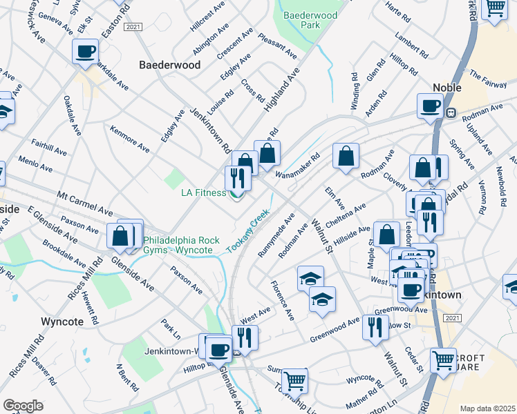 map of restaurants, bars, coffee shops, grocery stores, and more near 383 Stewart Avenue in Jenkintown