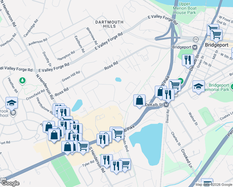 map of restaurants, bars, coffee shops, grocery stores, and more near 220 East Dekalb Pike in King of Prussia