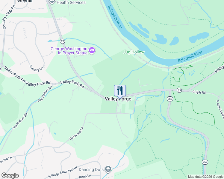 map of restaurants, bars, coffee shops, grocery stores, and more near in Valley Forge