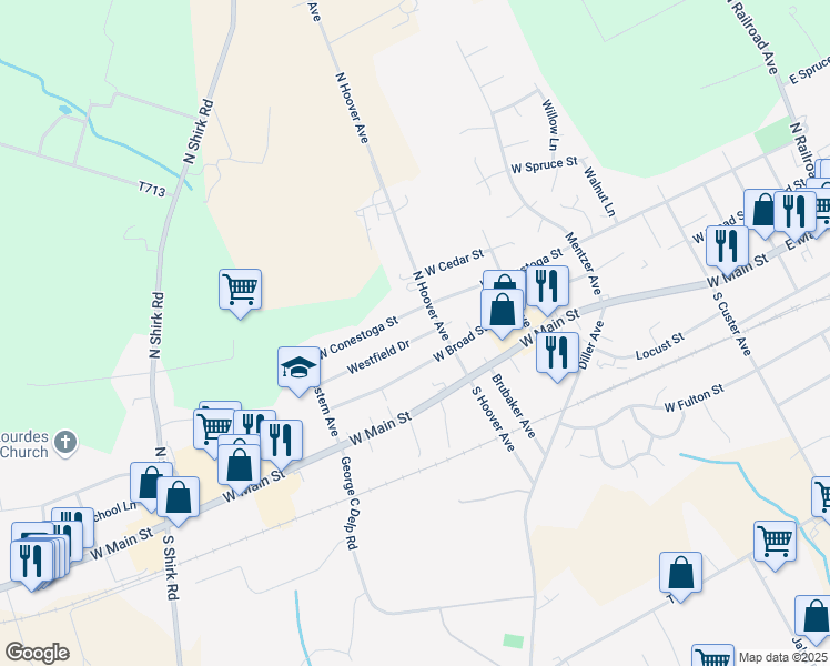 map of restaurants, bars, coffee shops, grocery stores, and more near 519 Westfield Drive in New Holland