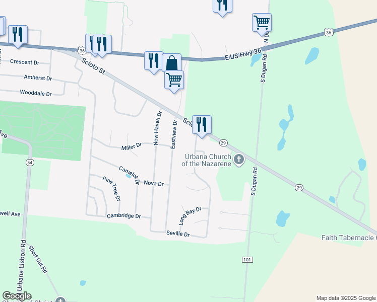 map of restaurants, bars, coffee shops, grocery stores, and more near 227 Eastview Drive in Urbana